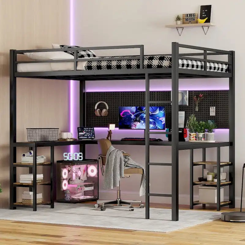 Lit mezzanine deux places (Full XL) en métal avec bureau et étagères, lit mezzanine avec échelle et garde-corps, cadre de lit mezzanine pour chambre à coucher