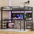 Lit mezzanine deux places (Full XL) en métal avec bureau et étagères, lit mezzanine avec échelle et garde-corps, cadre de lit mezzanine pour chambre à coucher