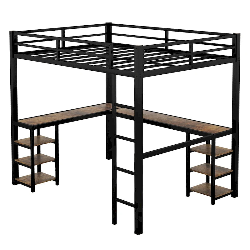 Lit mezzanine deux places (Full XL) en métal avec bureau et étagères, lit mezzanine avec échelle et garde-corps, cadre de lit mezzanine pour chambre à coucher