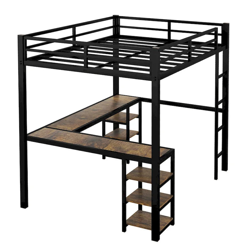 Lit mezzanine deux places (Full XL) en métal avec bureau et étagères, lit mezzanine avec échelle et garde-corps, cadre de lit mezzanine pour chambre à coucher