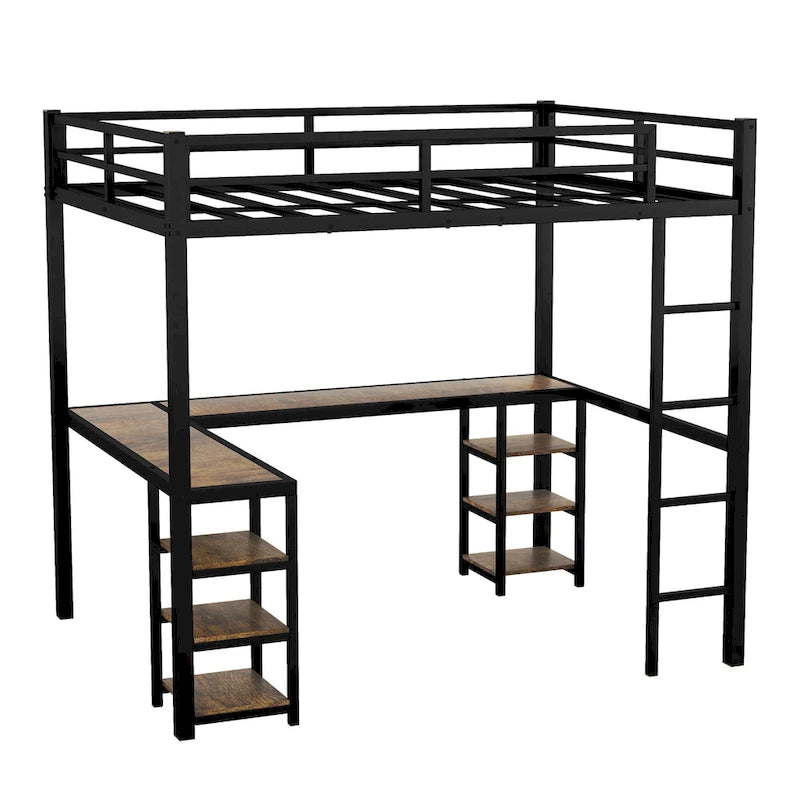 Lit mezzanine deux places (Full XL) en métal avec bureau et étagères, lit mezzanine avec échelle et garde-corps, cadre de lit mezzanine pour chambre à coucher