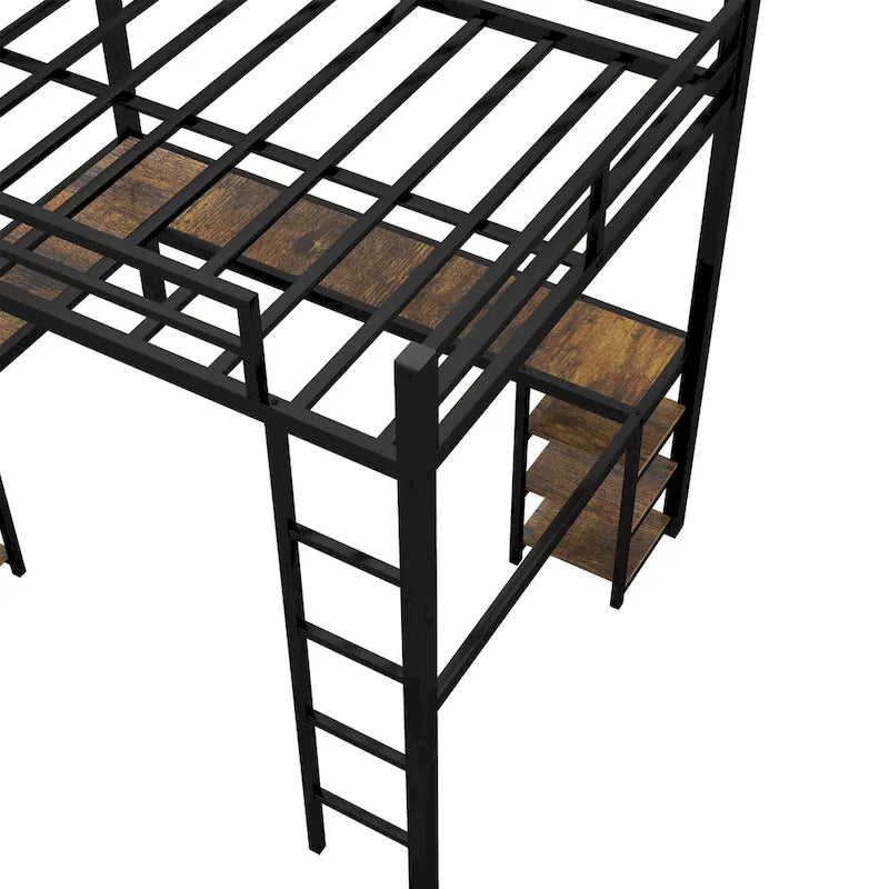 Lit mezzanine deux places (Full XL) en métal avec bureau et étagères, lit mezzanine avec échelle et garde-corps, cadre de lit mezzanine pour chambre à coucher