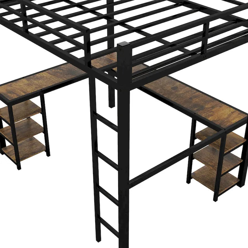 Lit mezzanine deux places (Full XL) en métal avec bureau et étagères, lit mezzanine avec échelle et garde-corps, cadre de lit mezzanine pour chambre à coucher