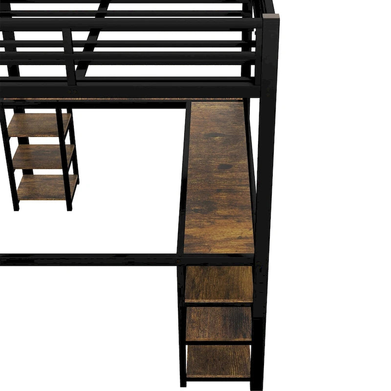 Lit mezzanine deux places (Full XL) en métal avec bureau et étagères, lit mezzanine avec échelle et garde-corps, cadre de lit mezzanine pour chambre à coucher