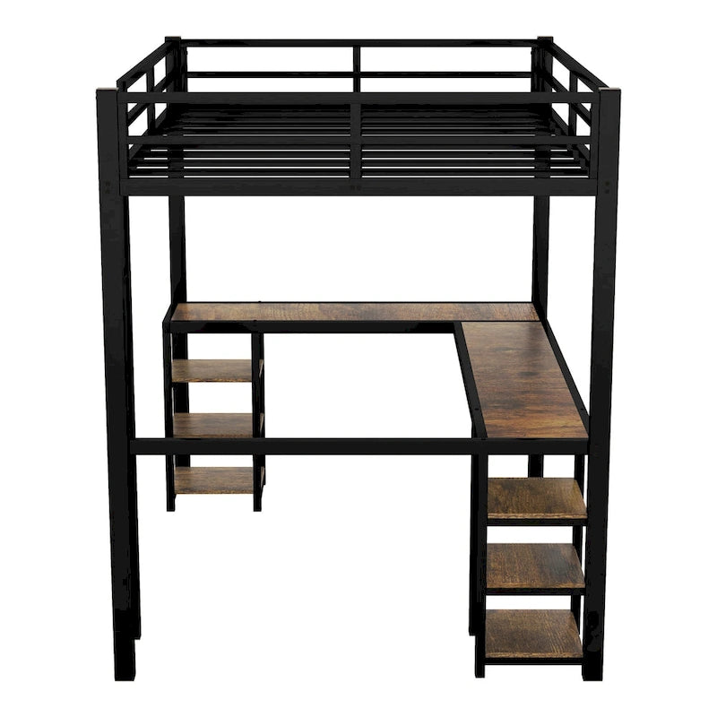 Lit mezzanine deux places (Full XL) en métal avec bureau et étagères, lit mezzanine avec échelle et garde-corps, cadre de lit mezzanine pour chambre à coucher