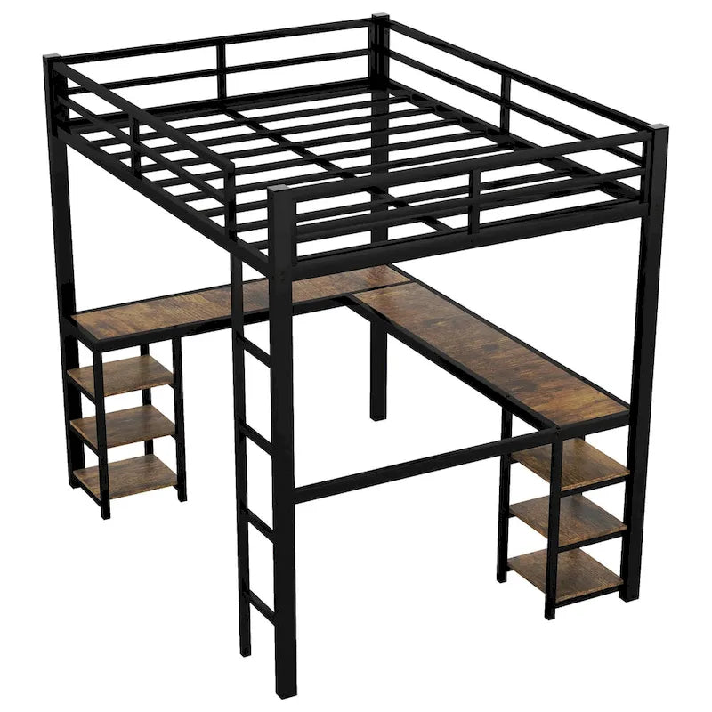 Lit mezzanine deux places (Full XL) en métal avec bureau et étagères, lit mezzanine avec échelle et garde-corps, cadre de lit mezzanine pour chambre à coucher