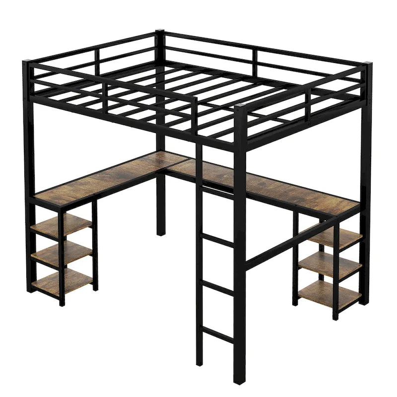 Lit mezzanine deux places (Full XL) en métal avec bureau et étagères, lit mezzanine avec échelle et garde-corps, cadre de lit mezzanine pour chambre à coucher