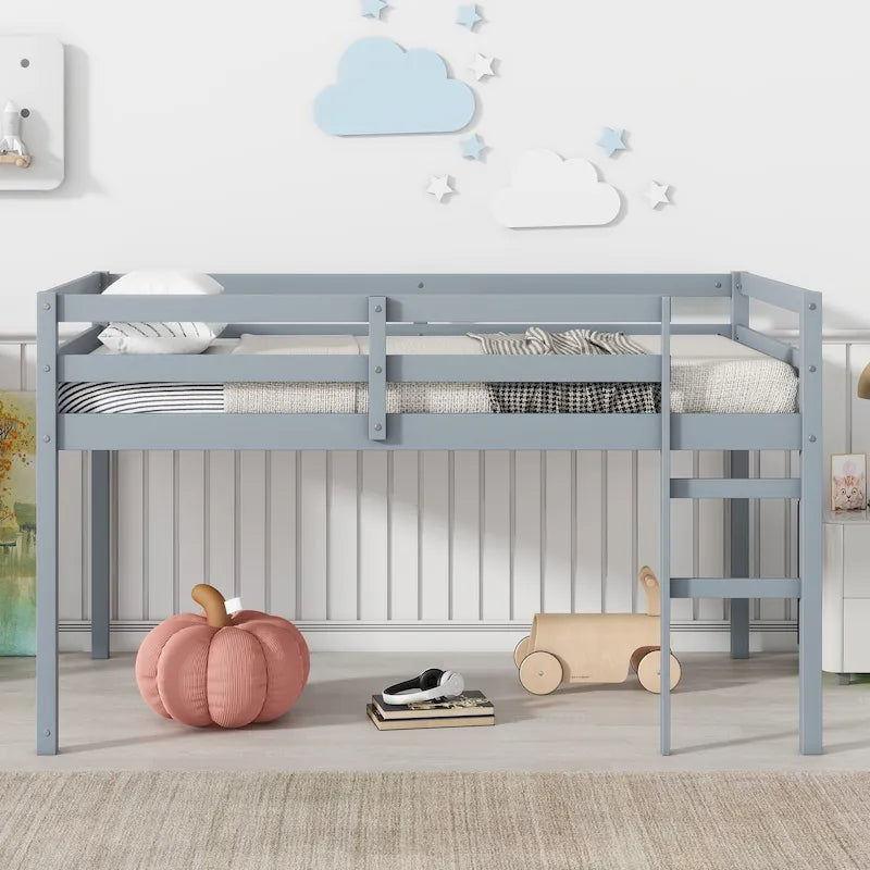 Lit mezzanine une place en bois d'hévéa avec échelle, sommier à lattes renforcées