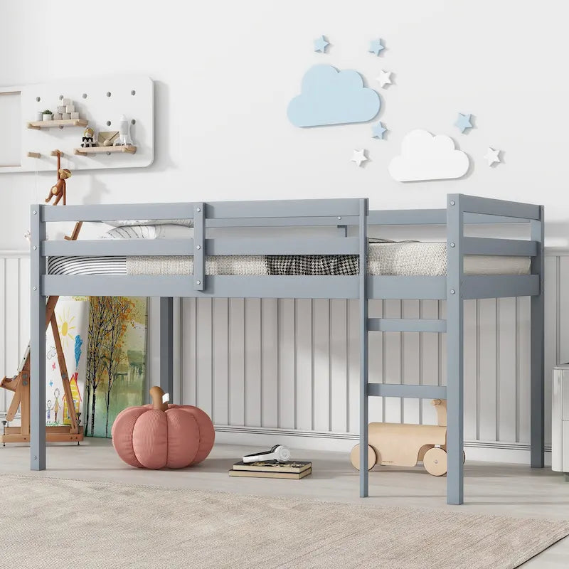 Lit mezzanine une place en bois d'hévéa avec échelle, sommier à lattes renforcées