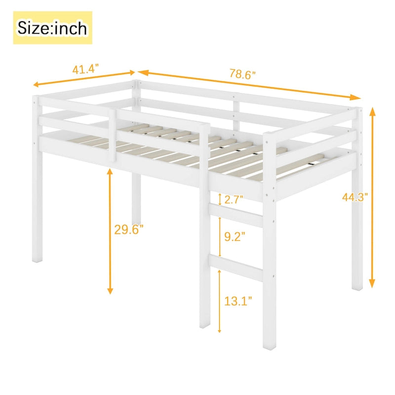 Lit mezzanine une place en bois d'hévéa avec échelle, sommier à lattes renforcées