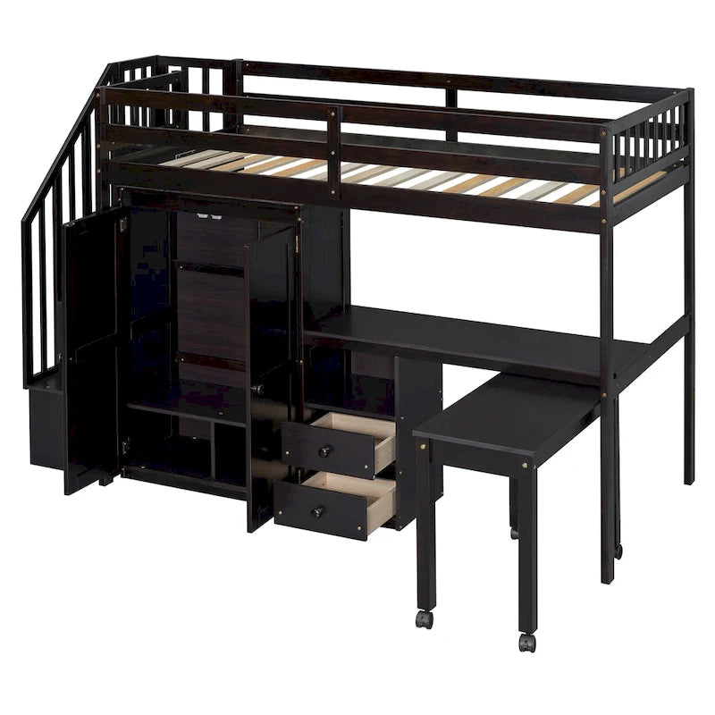 Lit mezzanine une place avec escalier, espace bureau et rangement 5-en-1, capacité de 136 kg