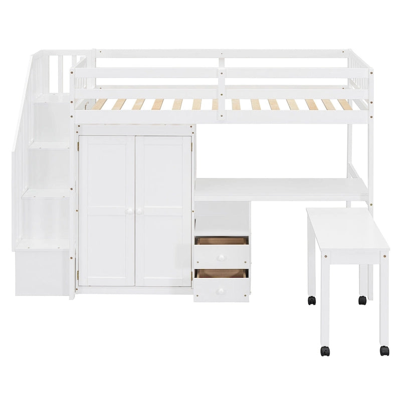 Lit mezzanine une place avec escalier, espace bureau et rangement 5-en-1, capacité de 136 kg