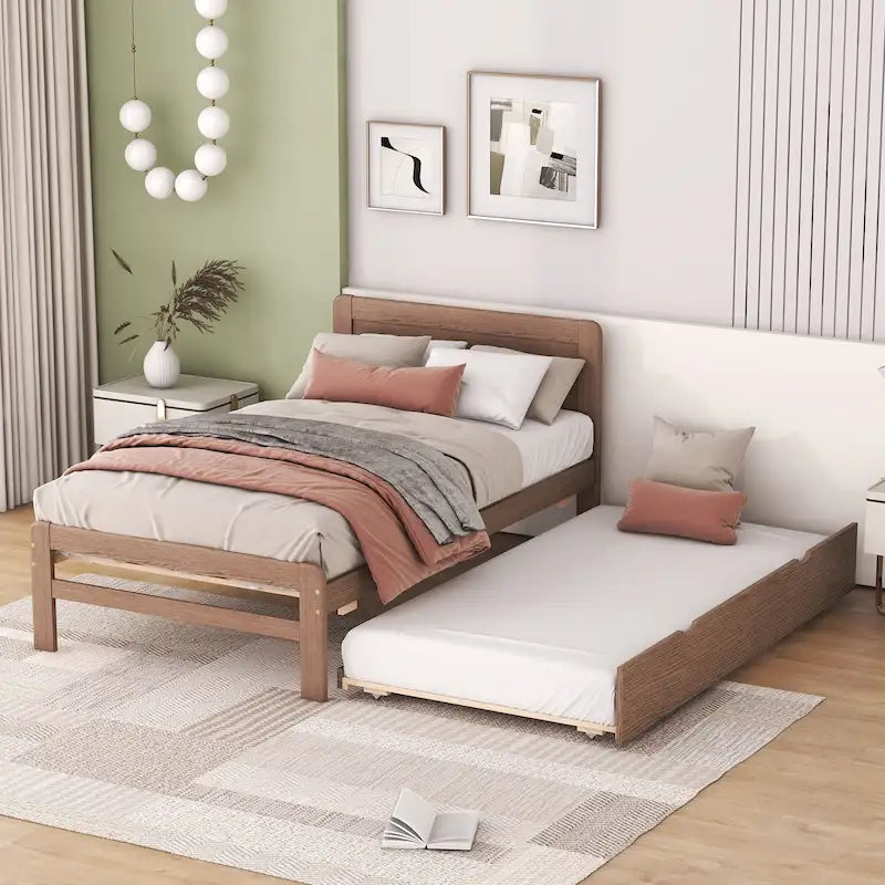 Cadre de lit plateforme simple brun en bois massif avec lit gigogne et tête de lit en bois moderne