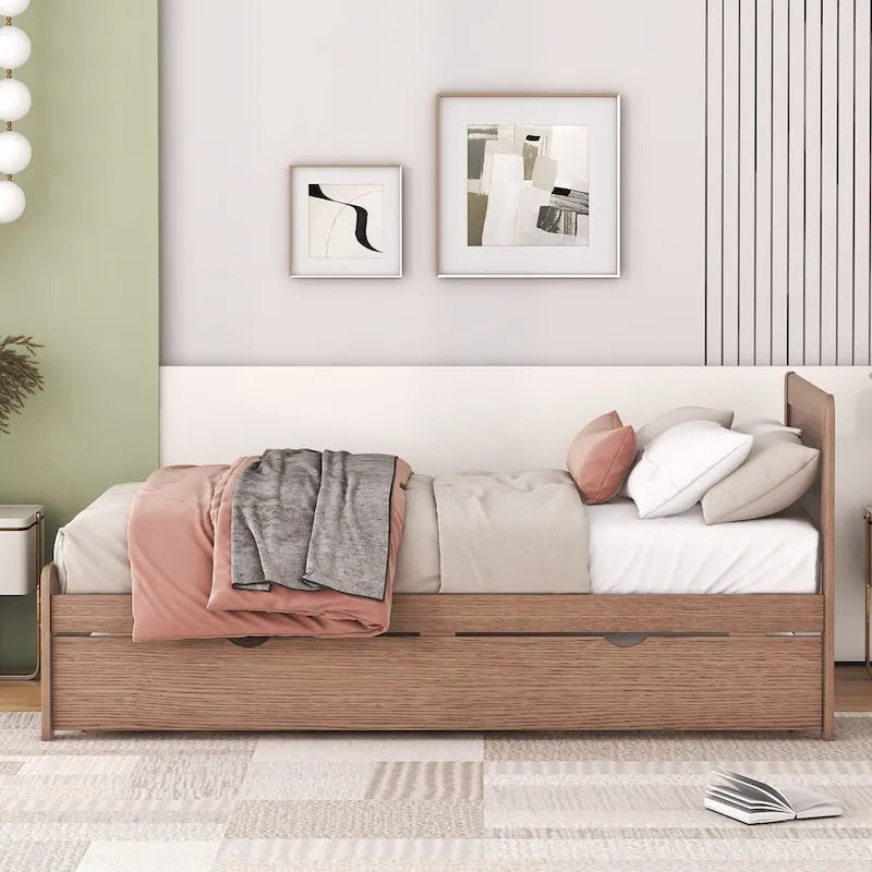 Cadre de lit plateforme simple brun en bois massif avec lit gigogne et tête de lit en bois moderne
