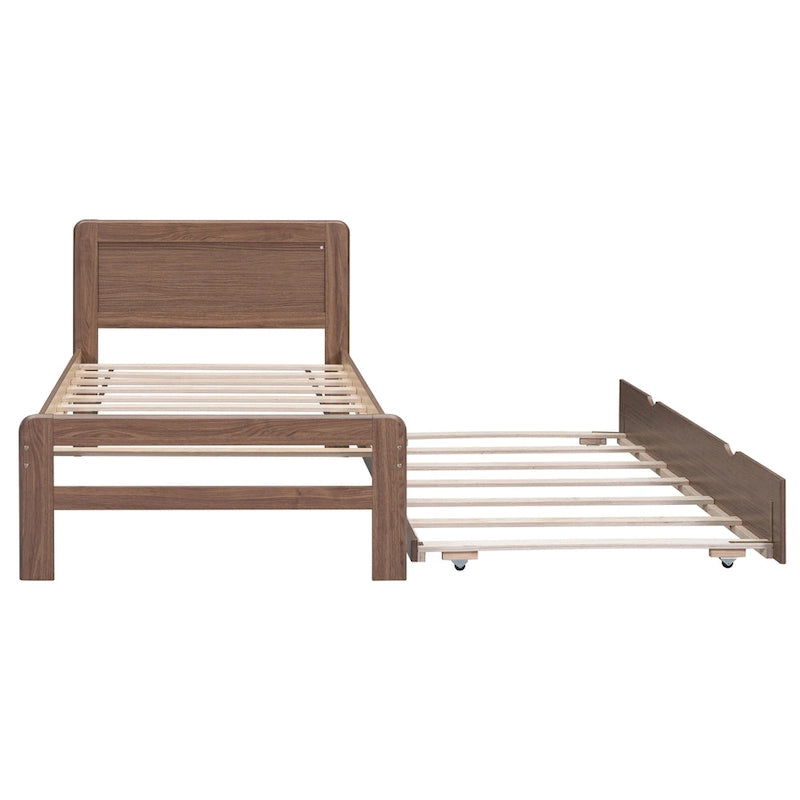 Cadre de lit plateforme simple brun en bois massif avec lit gigogne et tête de lit en bois moderne
