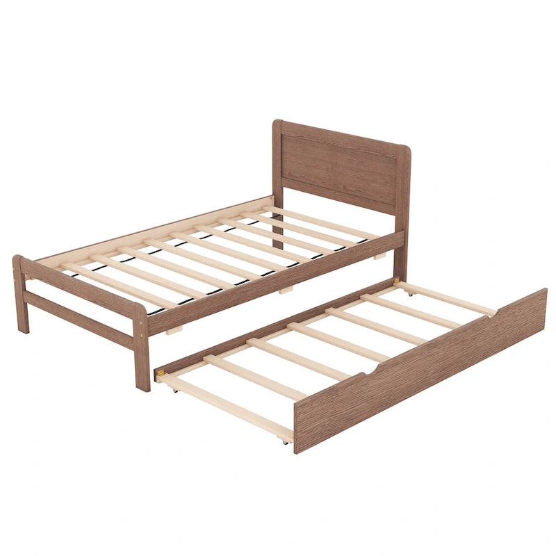 Cadre de lit plateforme simple brun en bois massif avec lit gigogne et tête de lit en bois moderne