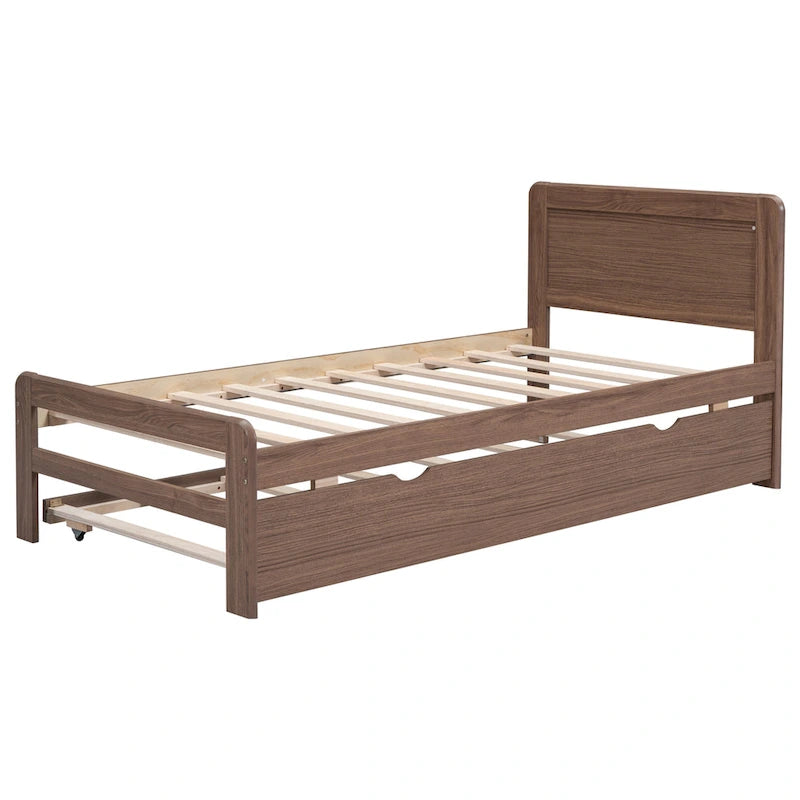 Cadre de lit plateforme simple brun en bois massif avec lit gigogne et tête de lit en bois moderne