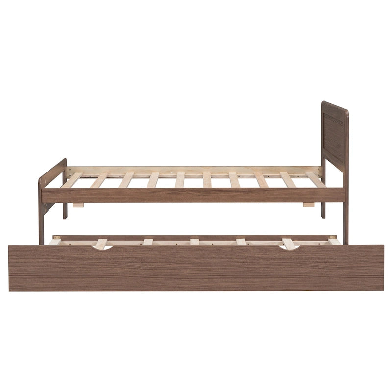 Cadre de lit plateforme simple brun en bois massif avec lit gigogne et tête de lit en bois moderne