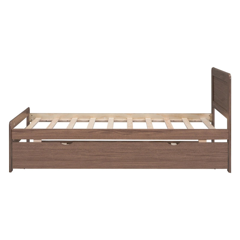 Cadre de lit plateforme simple brun en bois massif avec lit gigogne et tête de lit en bois moderne