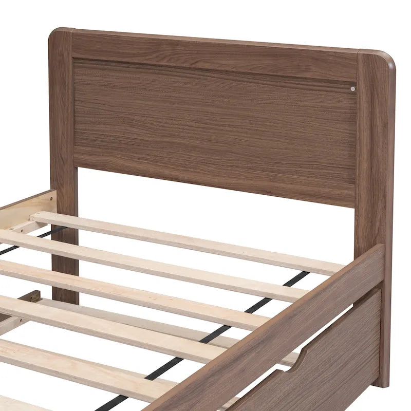 Cadre de lit plateforme simple brun en bois massif avec lit gigogne et tête de lit en bois moderne