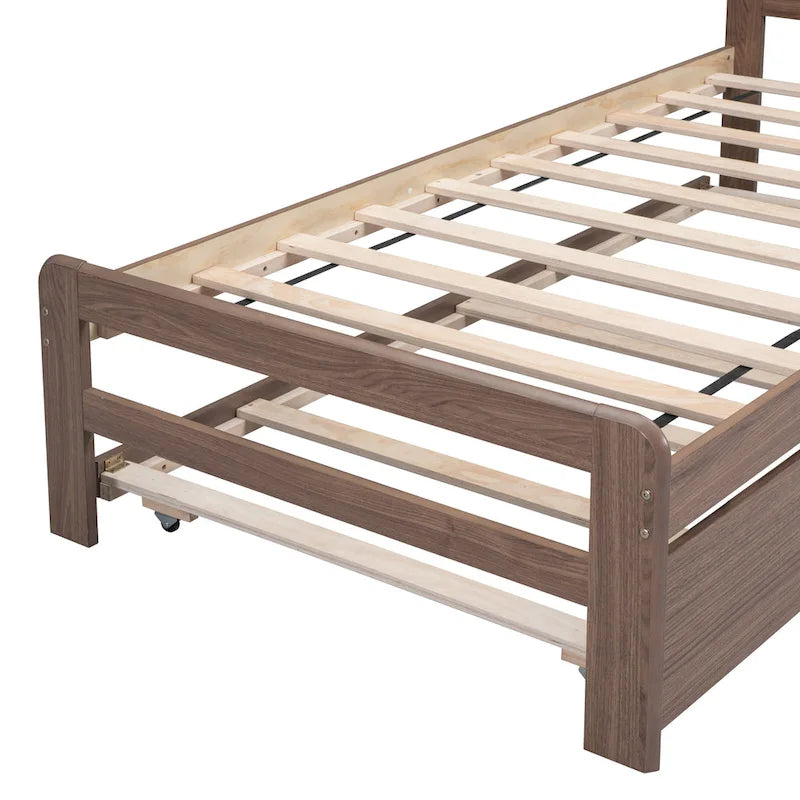 Cadre de lit plateforme simple brun en bois massif avec lit gigogne et tête de lit en bois moderne