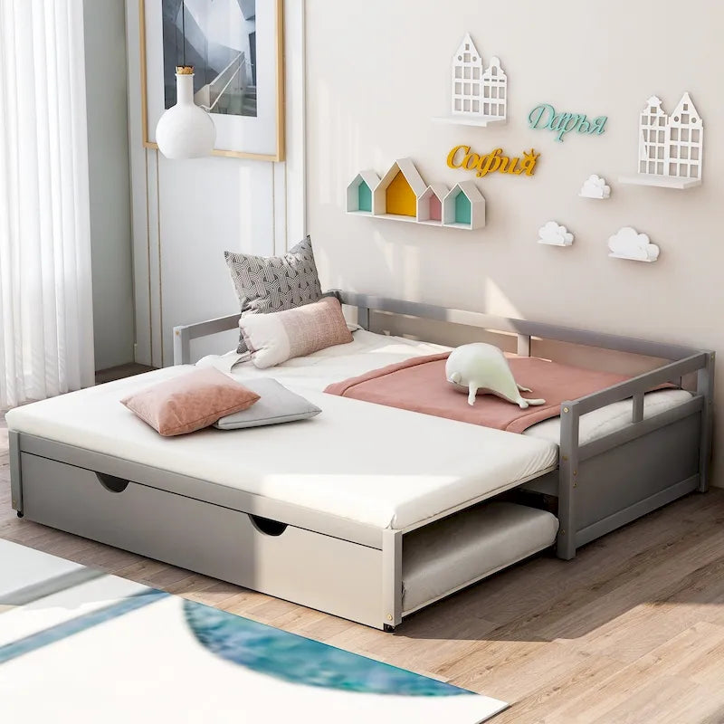 Lit de repos extensible en bois de pin gris, format lit simple avec lit gigogne, cadre robuste, sommier à lattes inclus