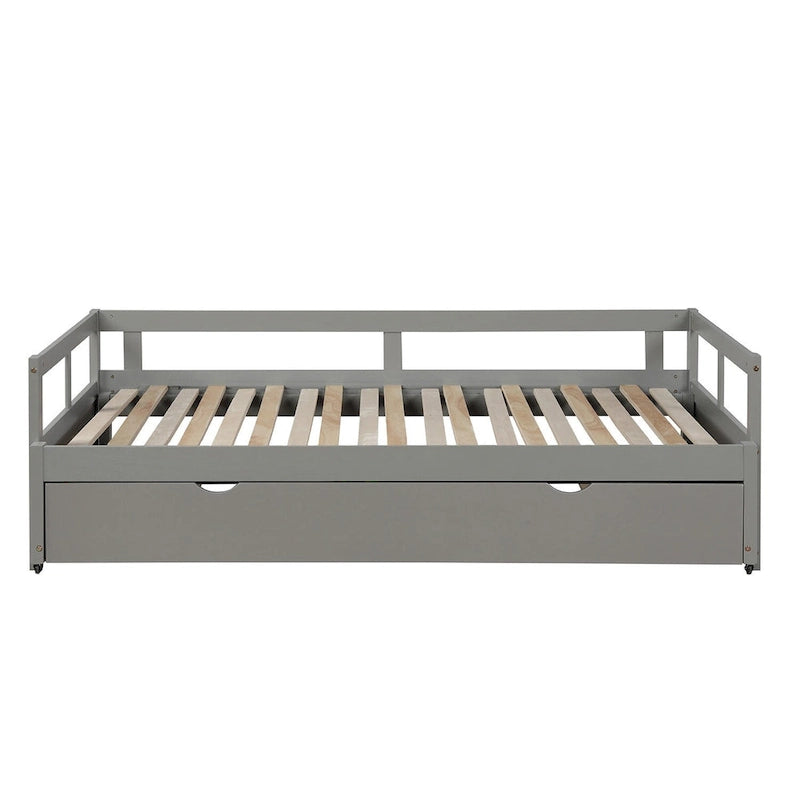 Grey Twin Size Pine Wood Extending Daybed with Twin Size Trundle, Sturdy Frame, Slat Kit Included