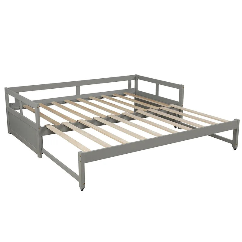 Lit de repos extensible en bois de pin gris, format lit simple avec lit gigogne, cadre robuste, sommier à lattes inclus
