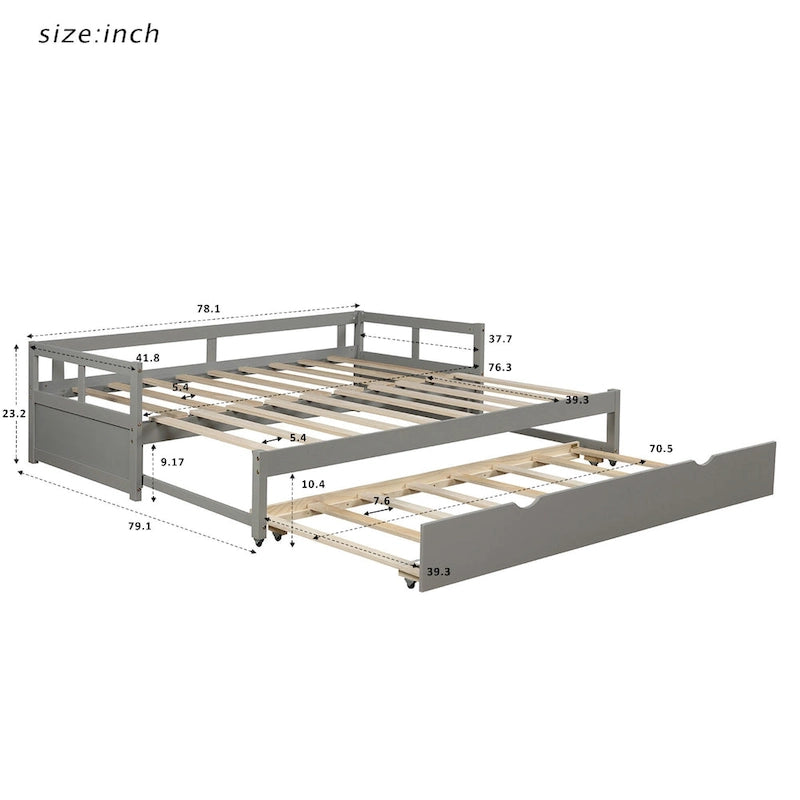 Lit de repos extensible en bois de pin gris, format lit simple avec lit gigogne, cadre robuste, sommier à lattes inclus