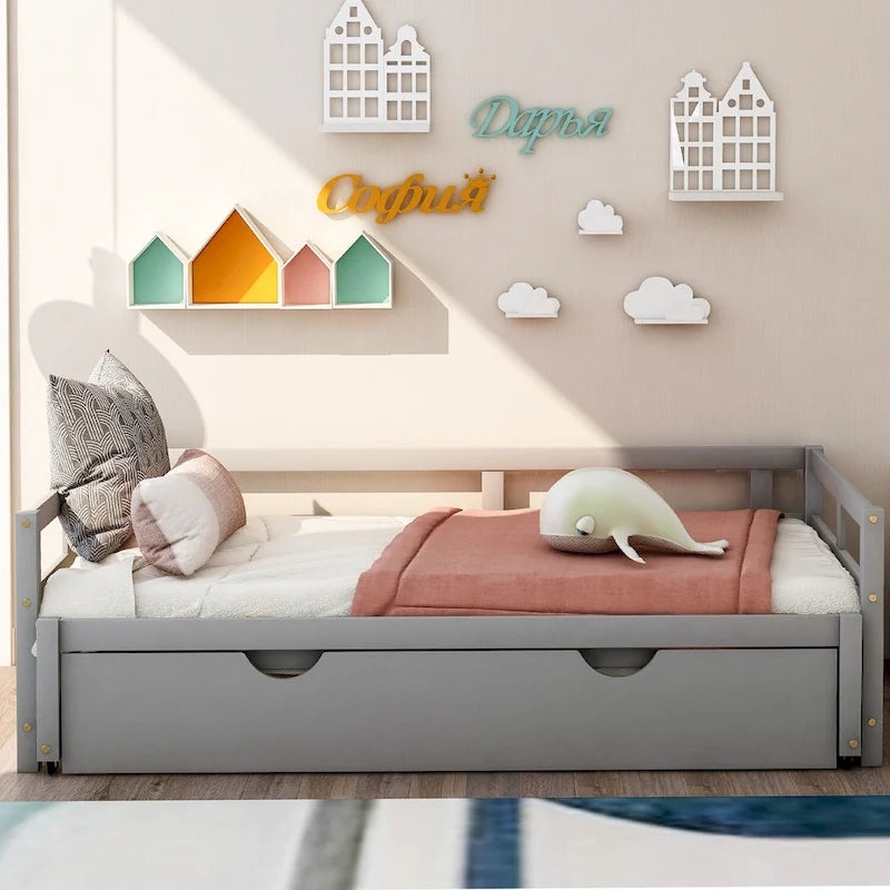 Lit de repos extensible en bois de pin gris, format lit simple avec lit gigogne, cadre robuste, sommier à lattes inclus