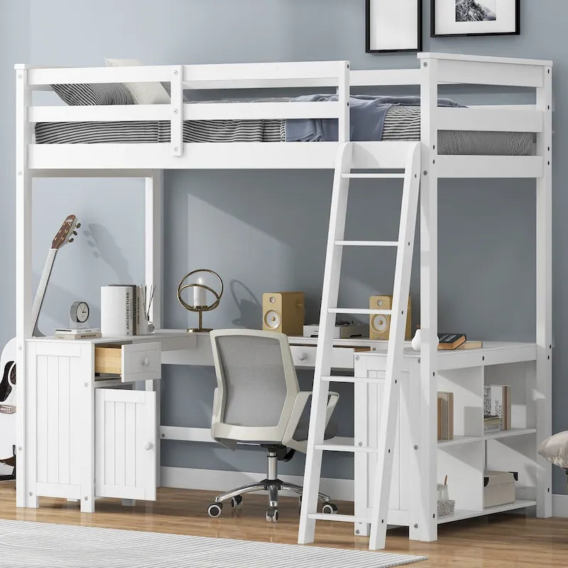 Lit mezzanine blanc en bois massif avec bureau, tableau noir et rangements, taille double