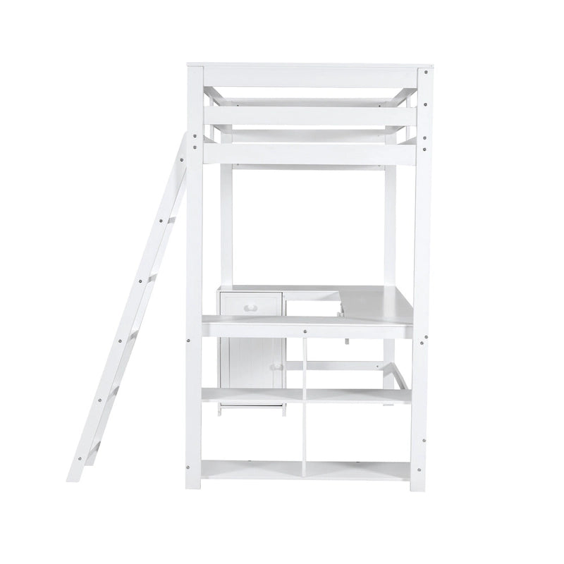 Lit mezzanine blanc en bois massif avec bureau, tableau noir et rangements, taille double