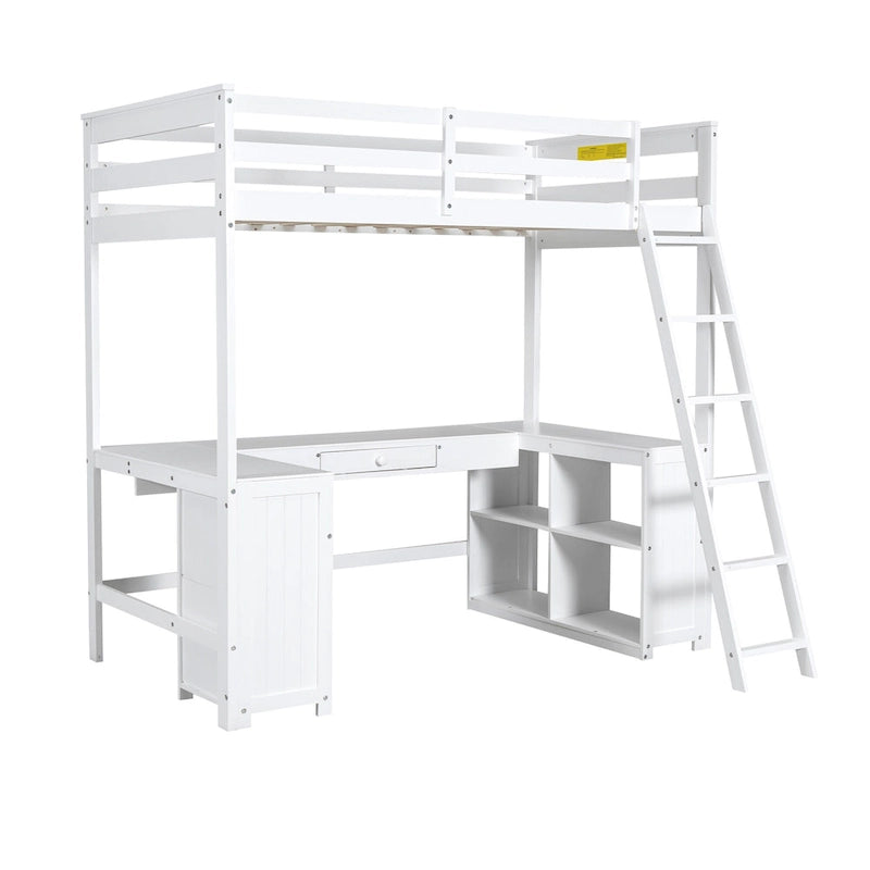 Lit mezzanine blanc en bois massif avec bureau, tableau noir et rangements, taille double