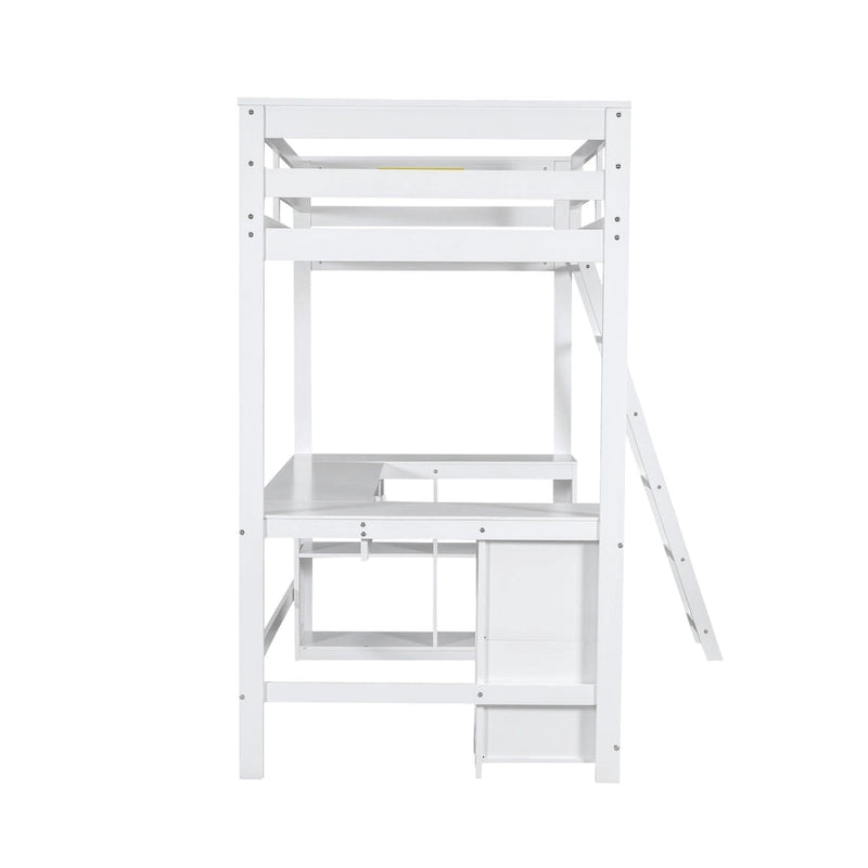 Lit mezzanine blanc en bois massif avec bureau, tableau noir et rangements, taille double