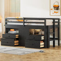 Lit mezzanine une place en bois massif couleur expresso avec 4 tiroirs, armoire et étagères intégrées en dessous