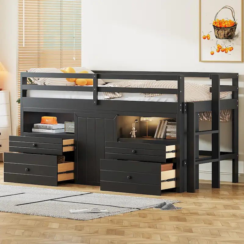 Lit mezzanine une place en bois massif couleur expresso avec 4 tiroirs, armoire et étagères intégrées en dessous