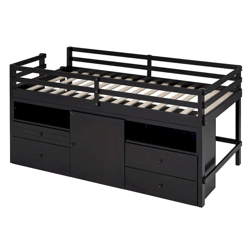 Lit mezzanine une place en bois massif couleur expresso avec 4 tiroirs, armoire et étagères intégrées en dessous