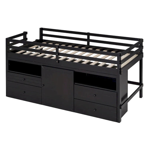 Lit mezzanine une place en bois massif couleur expresso avec 4 tiroirs, armoire et étagères intégrées en dessous