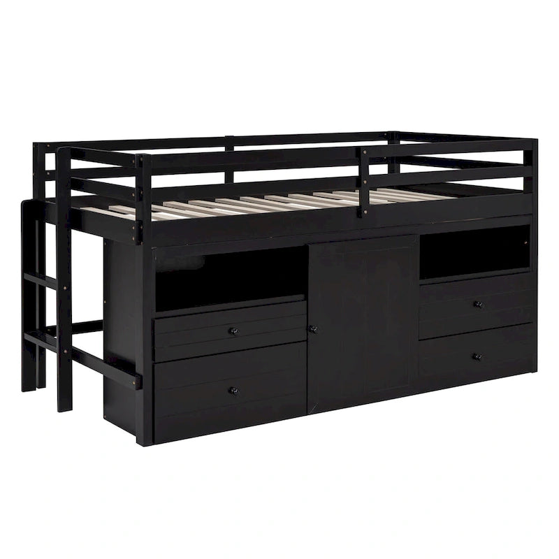 Lit mezzanine une place en bois massif couleur expresso avec 4 tiroirs, armoire et étagères intégrées en dessous
