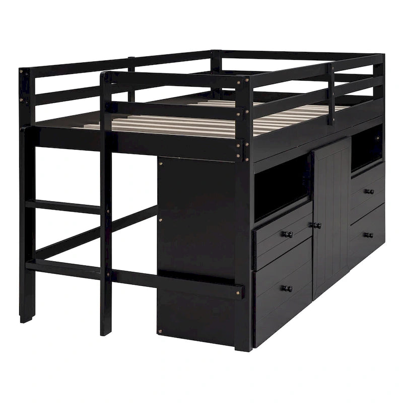 Lit mezzanine une place en bois massif couleur expresso avec 4 tiroirs, armoire et étagères intégrées en dessous