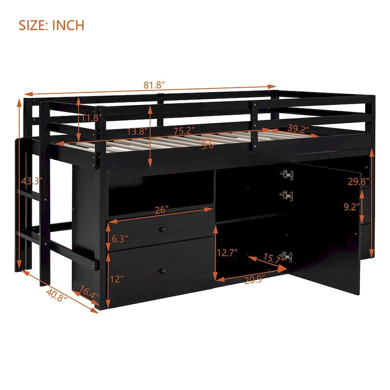 Lit mezzanine une place en bois massif couleur expresso avec 4 tiroirs, armoire et étagères intégrées en dessous