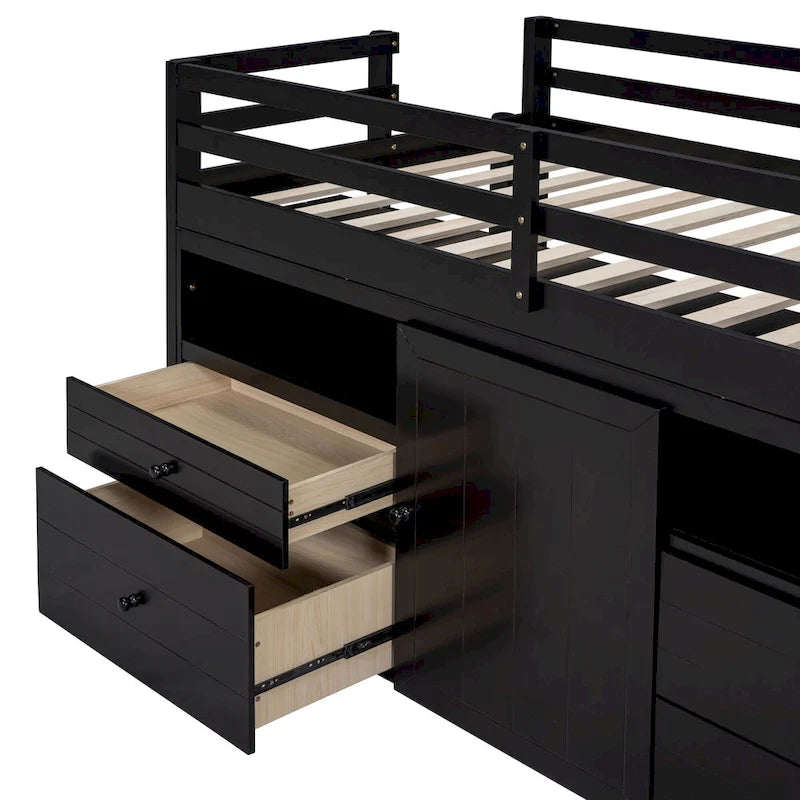 Lit mezzanine une place en bois massif couleur expresso avec 4 tiroirs, armoire et étagères intégrées en dessous