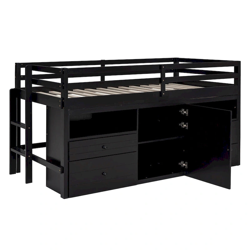 Lit mezzanine une place en bois massif couleur expresso avec 4 tiroirs, armoire et étagères intégrées en dessous