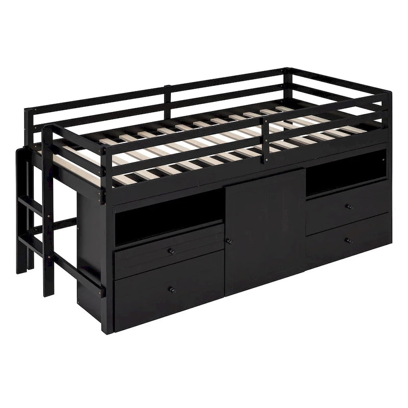 Lit mezzanine une place en bois massif couleur expresso avec 4 tiroirs, armoire et étagères intégrées en dessous