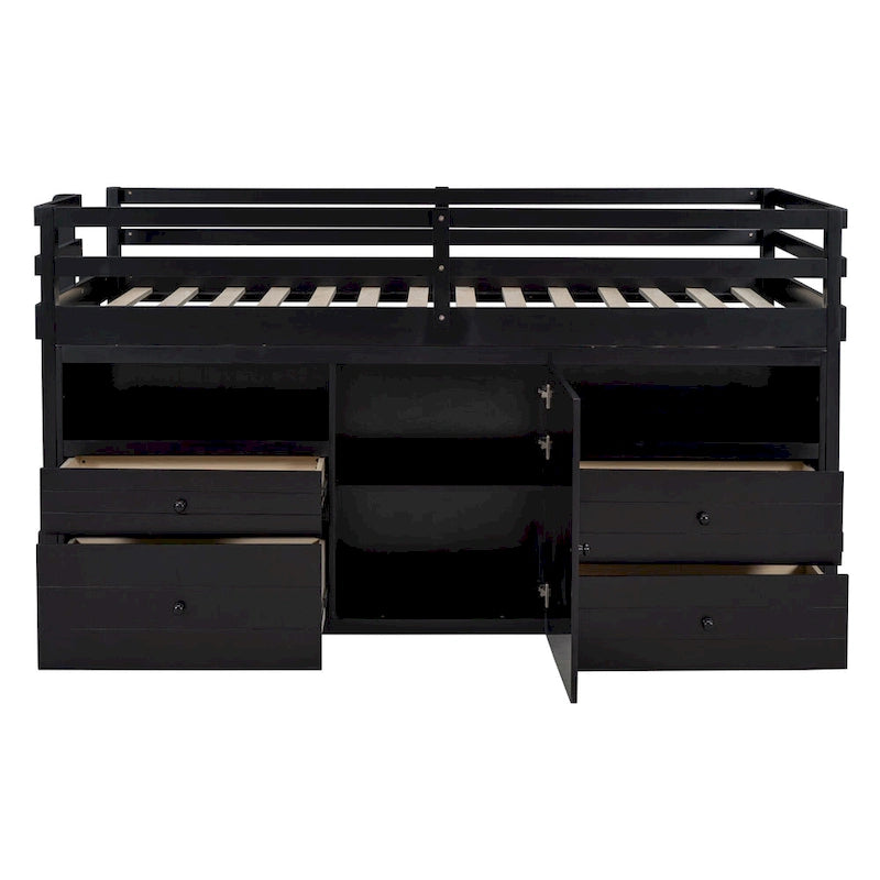 Lit mezzanine une place en bois massif couleur expresso avec 4 tiroirs, armoire et étagères intégrées en dessous