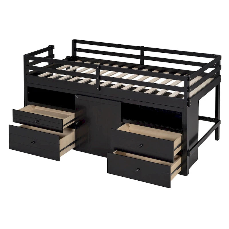 Lit mezzanine une place en bois massif couleur expresso avec 4 tiroirs, armoire et étagères intégrées en dessous