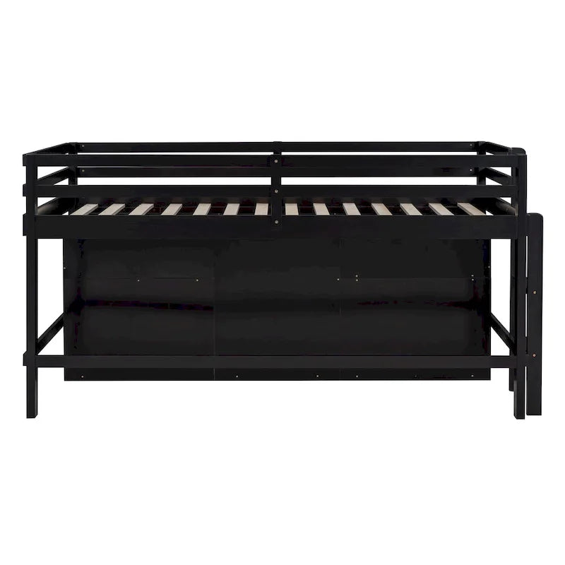 Lit mezzanine une place en bois massif couleur expresso avec 4 tiroirs, armoire et étagères intégrées en dessous