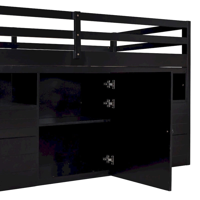 Lit mezzanine une place en bois massif couleur expresso avec 4 tiroirs, armoire et étagères intégrées en dessous