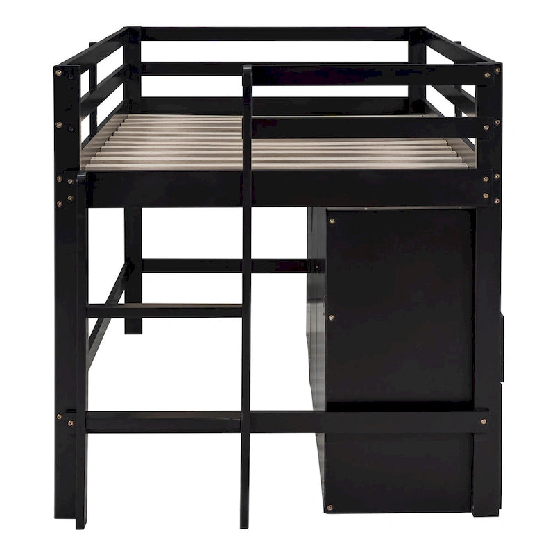 Lit mezzanine une place en bois massif couleur expresso avec 4 tiroirs, armoire et étagères intégrées en dessous