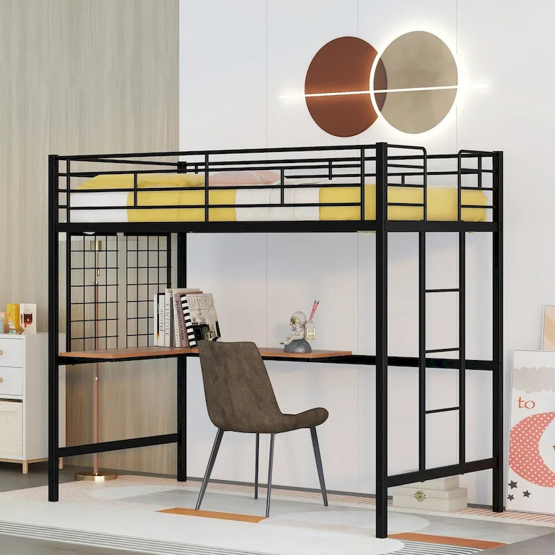 Lit mezzanine simple en métal noir avec bureau, échelle et grille métallique pour enfants